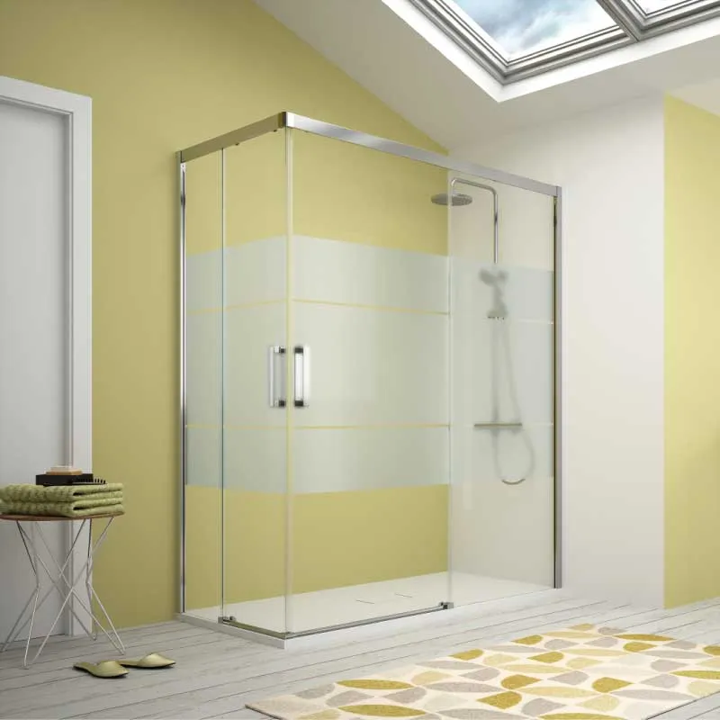 Eck-Dusche mit 2 festen Elementen und 2 Schiebetüren S400 mit satiniertem Glas - Glass 6 mm